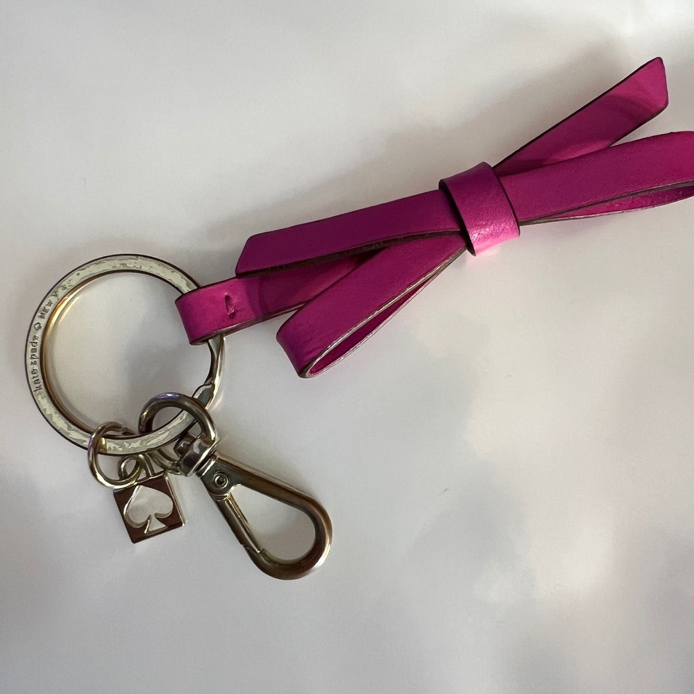 Kate Spade Keychain Women OS Pink Leather Bow Charm Gold Hardware Preppy